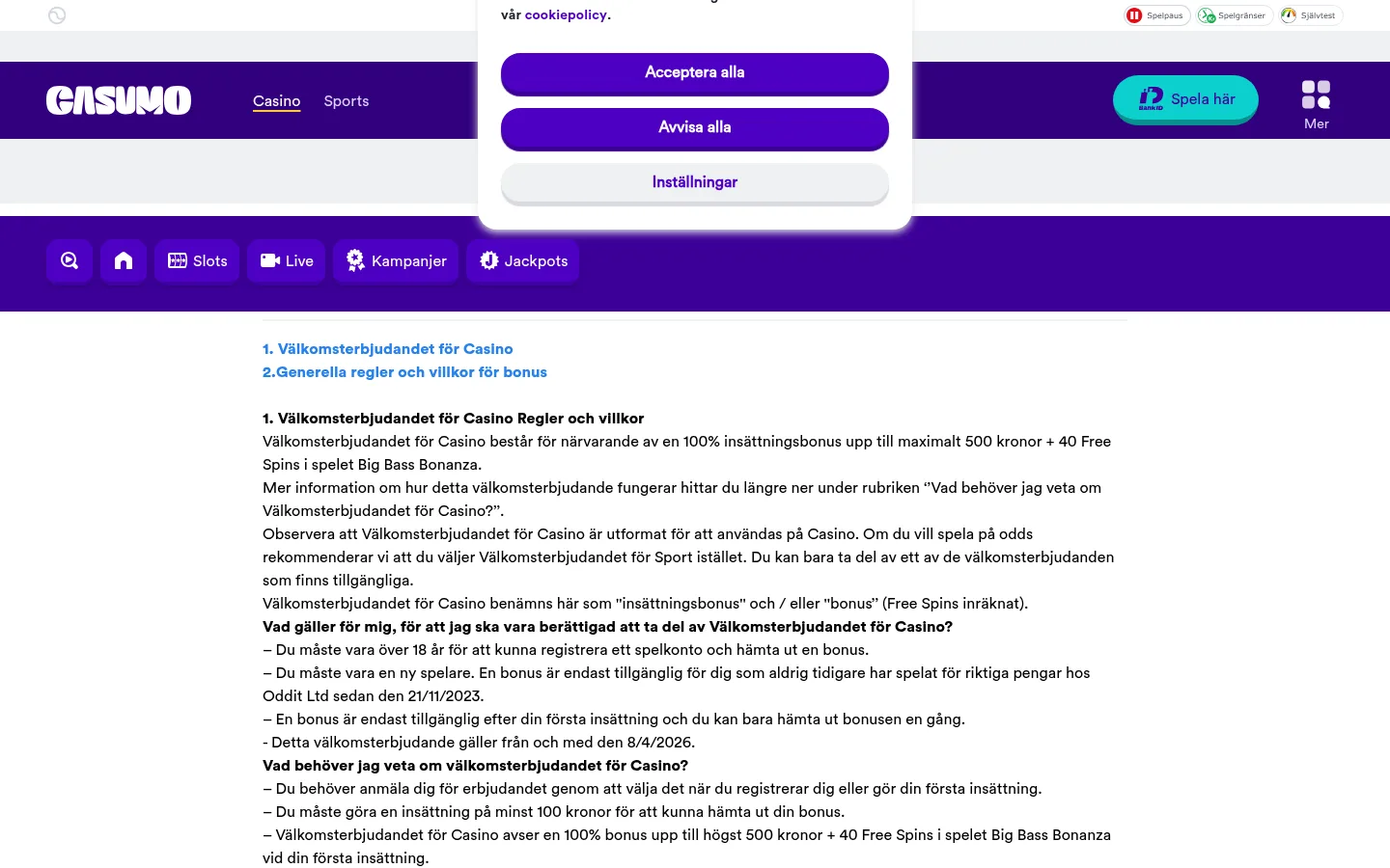 Casumo bonusvillkor free spins-sektion september 2026