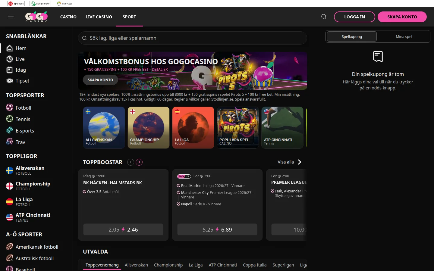 GoGo Casino välkomstbanner med Pirots 5 och 15x hämtad 2026-08-17