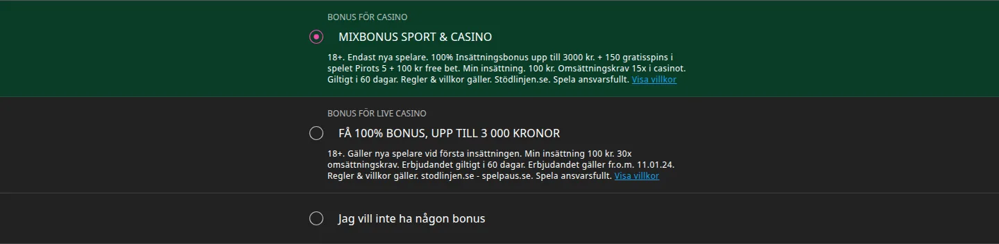 Välj välkomstbonus hos GoGo Casino hämtad 2026-08-17