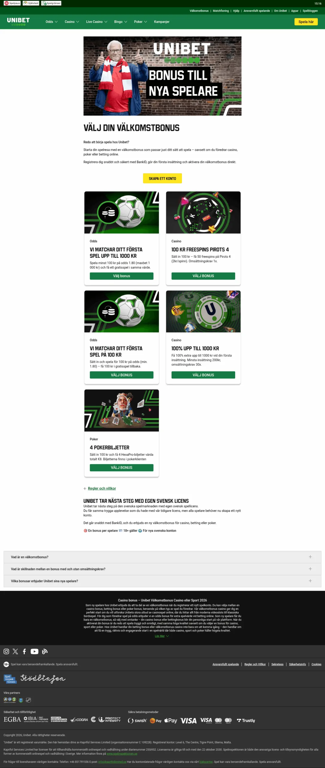 Unibet välkomstbonus och villkor september 2026