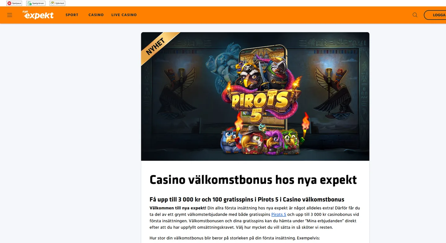 Expekt välkomstbonus Pirots 5 september 2026
