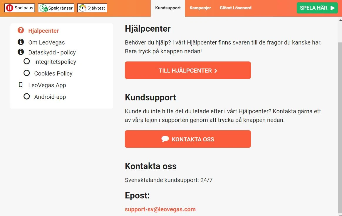 leovegas hjälpcenter SE