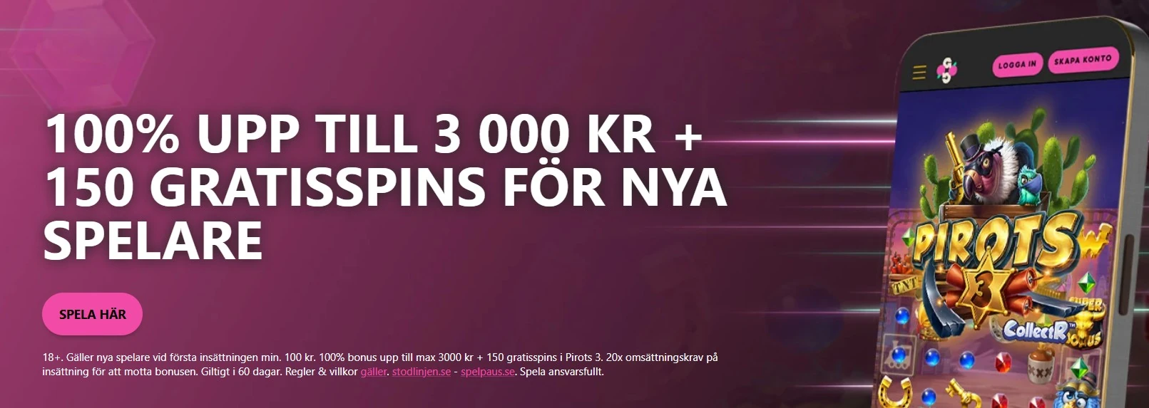 GoGo Casino: 100 % bonus upp till 3 000 kr + 150 free spins (omsättningskrav: 15× omsättning på insättningen).