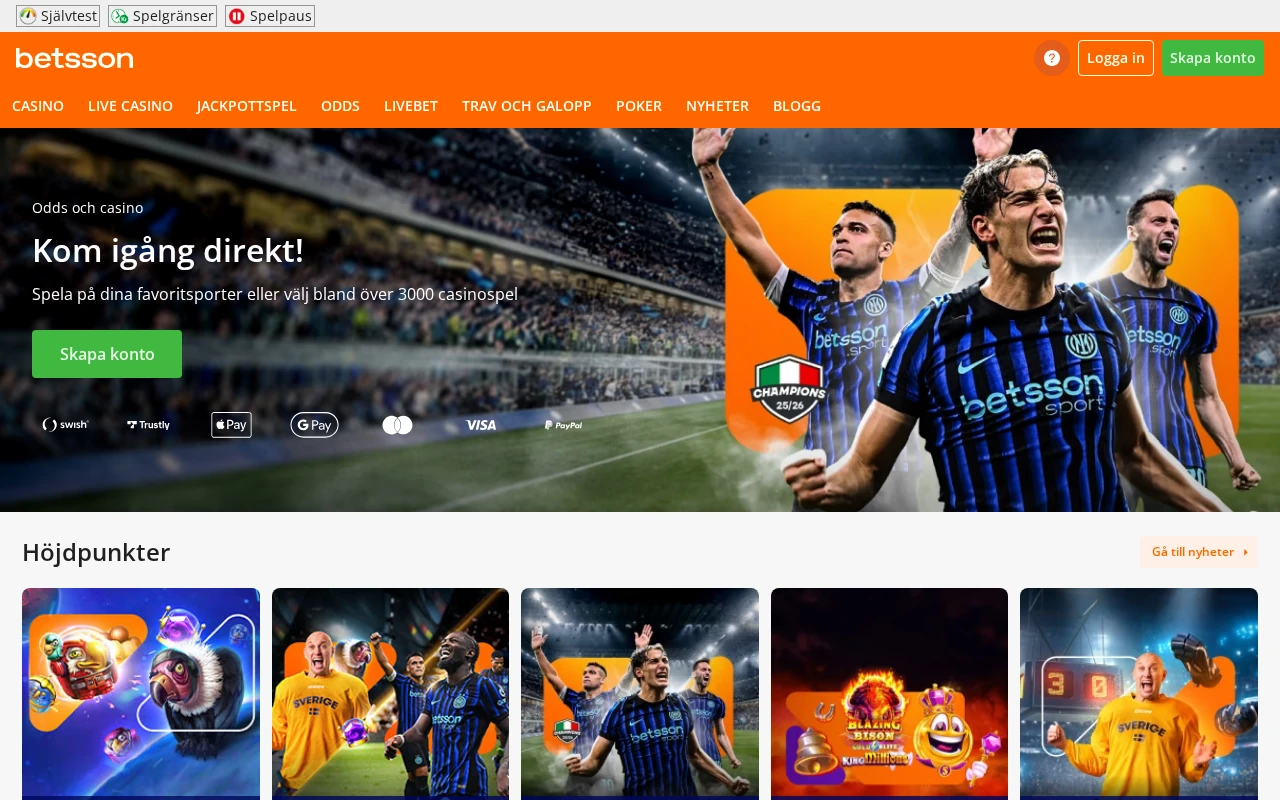 Betsson välkomstsida hämtad 2026-05-06